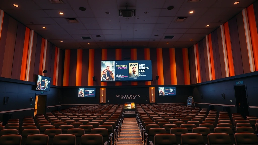 Modern multiplex theater interior with multiple screens, digital signage displaying movie titles and showtimes, warm ambient lighting, empty auditorium seats visible through doorways, contemporary cinema lobby design without text on displays