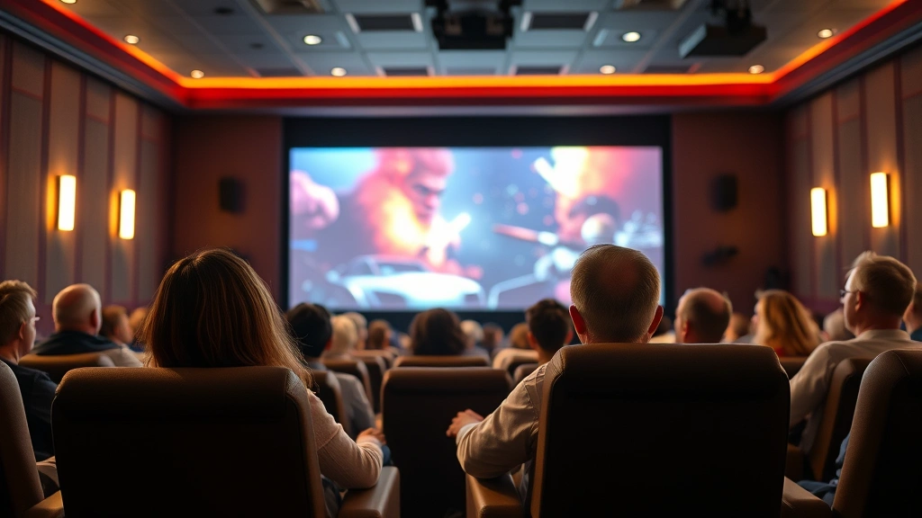 Audience members in a theater auditorium watching a film, large projection screen displaying vibrant cinematic imagery, comfortable reclining seats, atmospheric lighting, diverse age groups enjoying the theatrical experience together