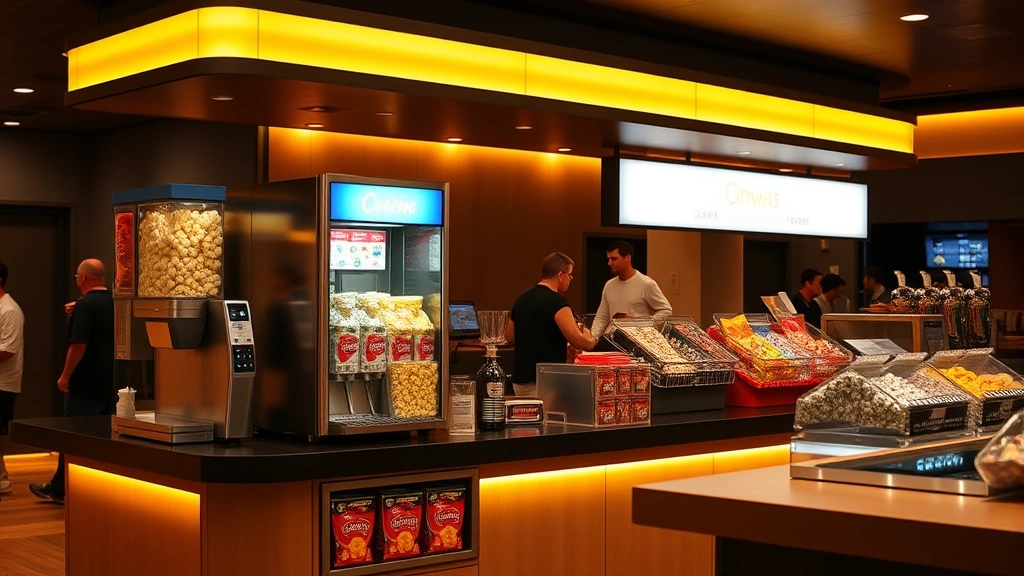 Theater concession stand with popcorn machines, beverage dispensers, candy displays, and service counter, warm golden lighting on snack items, customers in background, modern cinema concession design without visible pricing text