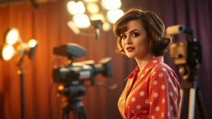 A woman in 1960s fashion performing on a movie set with vintage studio lighting and camera equipment visible in soft focus background, professional studio setting, Technicolor era aesthetic