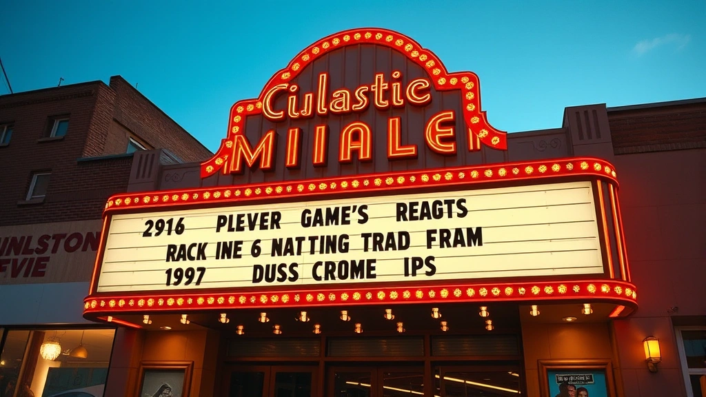 Vintage movie theater marquee from 1960s displaying classic film titles, warm evening lighting, nostalgic mid-century American cinema atmosphere, no readable text on marquee