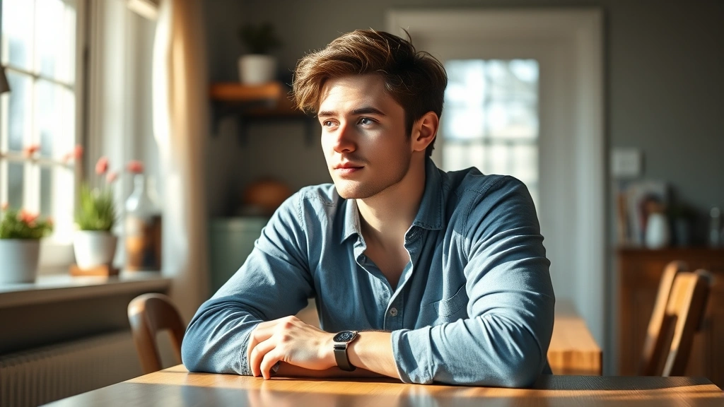 Young male actor in casual blue shirt sitting at kitchen table, morning sunlight streaming through windows, thoughtful expression, realistic professional headshot style photography