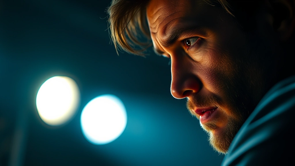 Professional actor performing emotional scene in dramatic lighting, close-up of face showing vulnerability and concentration, intense eye contact, cinematic television drama moment