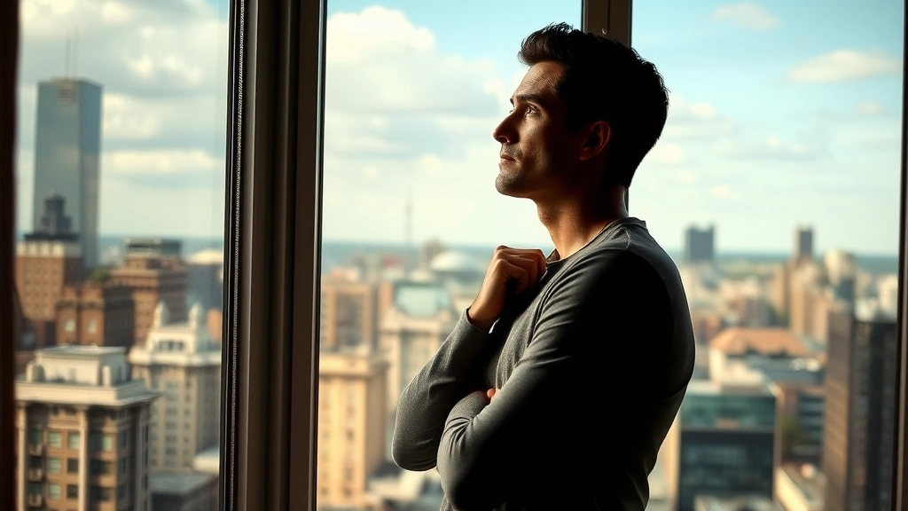 Actor in contemplative pose at window overlooking city landscape, natural lighting emphasizing emotional introspection, urban apartment setting, realistic contemporary drama scene