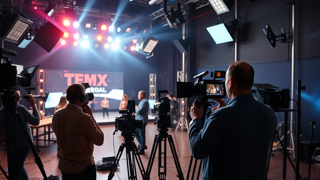 Television production set with cameras, lighting rigs, and professional crew members working, modern broadcast studio environment showing active filming, dynamic behind-the-scenes entertainment production atmosphere