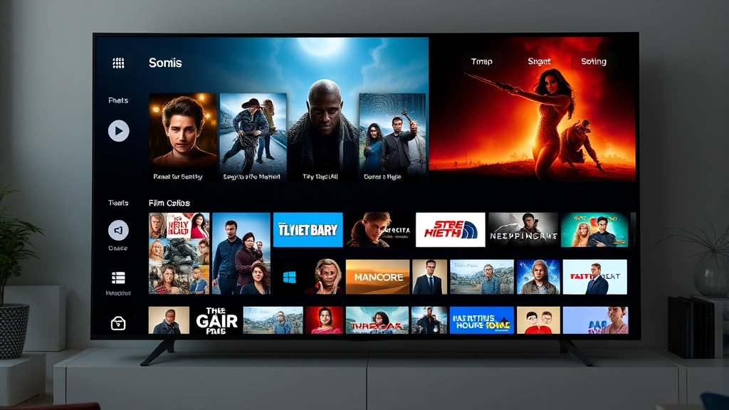 Streaming service interface displaying diverse film and television content thumbnails on large screen, modern digital media consumption setup, contemporary entertainment platform showcasing variety of programming options