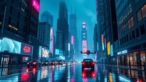 Neon-lit futuristic cityscape at night with holographic advertisements, flying vehicles, and towering corporate buildings reflected in wet streets, digital rain effect, cyberpunk aesthetic, no text or signs, photorealistic rendering