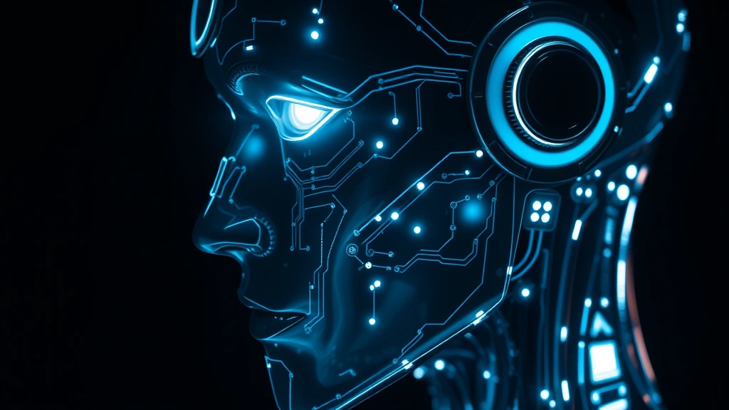 Close-up of a humanoid android face with glowing circuit patterns, metallic skin texture, and luminescent eyes in profile against dark background, representing artificial consciousness and cyberpunk themes, no interface elements
