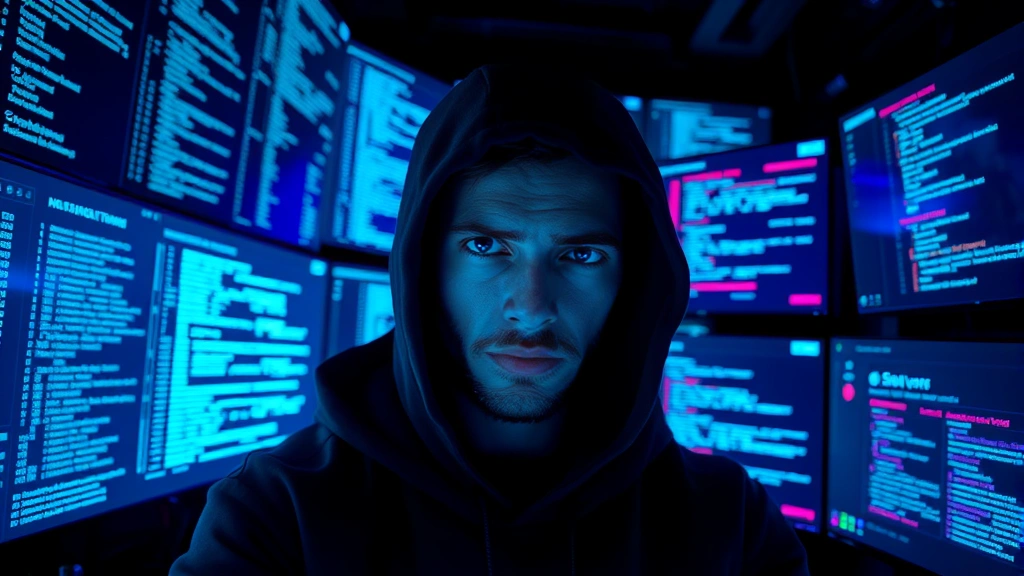 Hacker in dark room surrounded by multiple holographic screens displaying code and data streams, neon blue and purple lighting, focused intense expression, futuristic tech environment, no visible text on screens