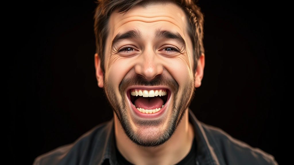 Professional headshot of a male comedian in performance lighting, expressive facial features mid-laugh, studio background, photorealistic, no text visible, emphasizing comedic energy and character authenticity