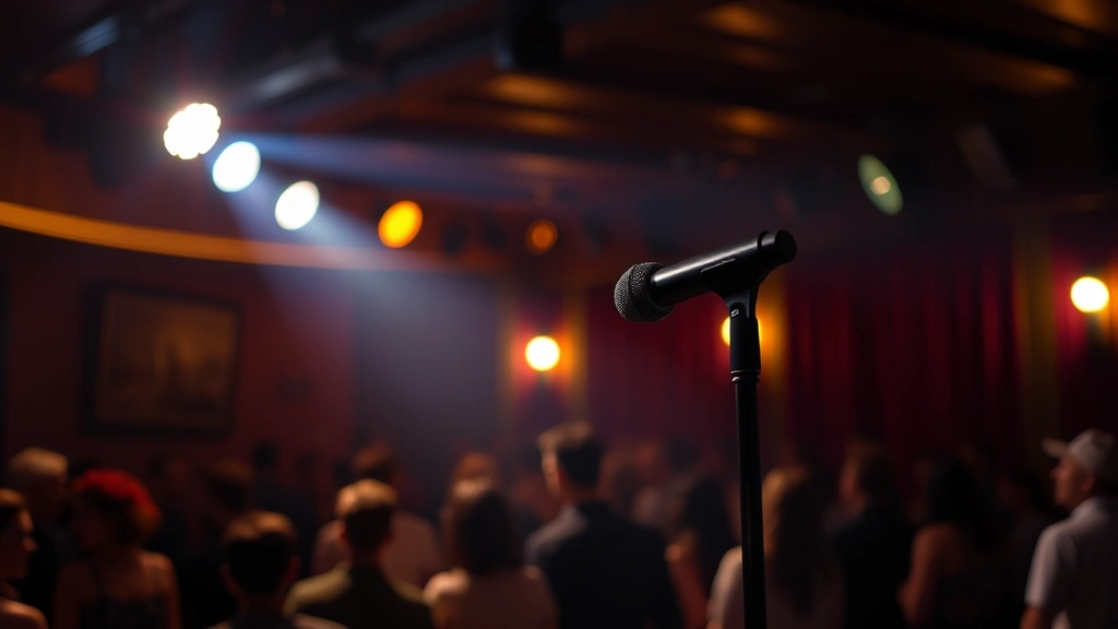Comedy performance setup showing stage lighting and microphone in intimate venue setting, warm atmospheric lighting, audience silhouettes blurred in background, photorealistic capture of live performance environment