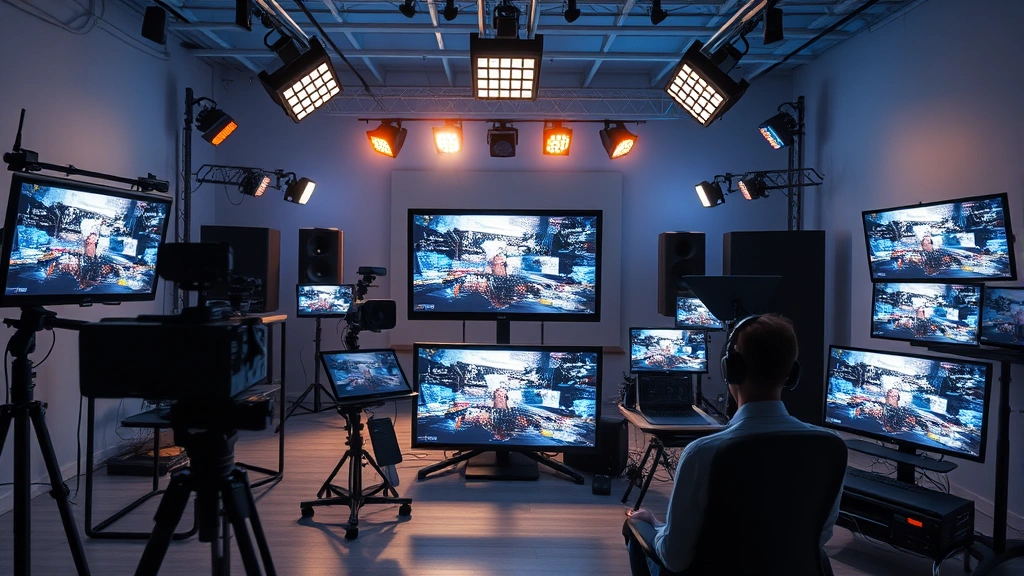 Digital media production studio with modern equipment, screens showing video content, professional lighting setup, contemporary streaming setup, photorealistic, no visible text on screens, emphasizing digital content creation infrastructure