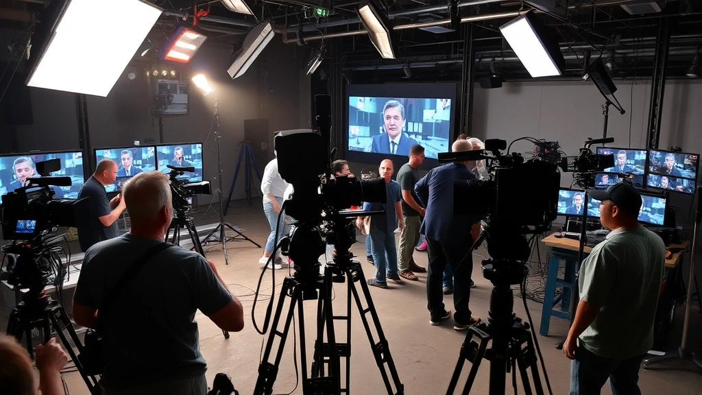 Film production set with cameras, lighting equipment, and crew members working on scene setup, behind-the-scenes production environment, multiple monitors and technical apparatus visible