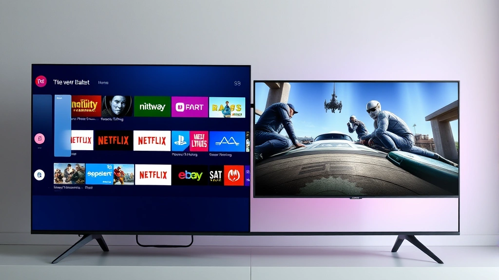 Split-screen showing streaming platform interface and traditional television broadcast display, representing evolution of entertainment distribution, digital media ecosystem visualization