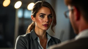 Professional female actor in dramatic scene, intense emotional expression, modern lighting, cinematic depth of field, contemporary setting, focused performance moment, authentic character portrayal