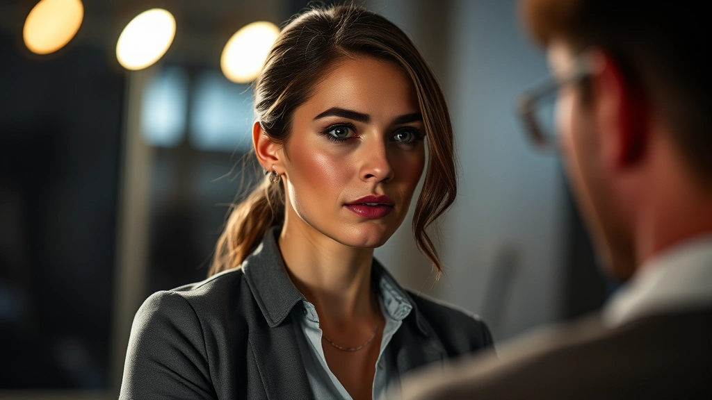 Professional female actor in dramatic scene, intense emotional expression, modern lighting, cinematic depth of field, contemporary setting, focused performance moment, authentic character portrayal