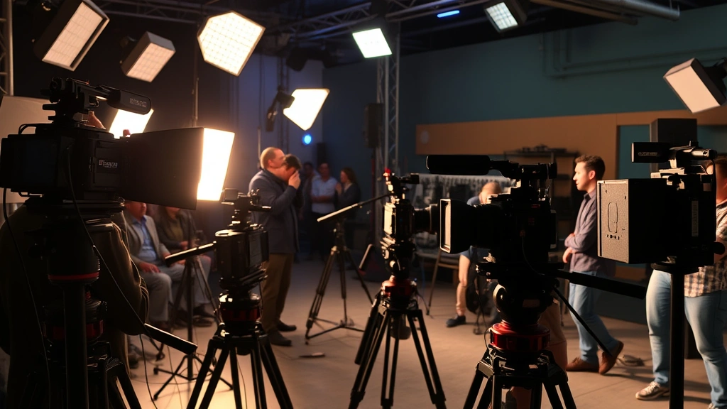 Television production set with professional equipment, dramatic lighting setup, actor preparation moment, behind-the-scenes creative environment, professional crew in background, production design elements, authentic industry setting