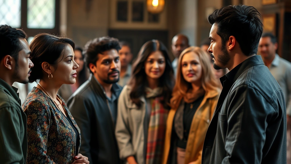 Diverse ensemble cast in dramatic scene, character interaction moment, emotional tension captured, professional cinematography, contemporary costume design, authentic dialogue scene setup, character-driven narrative moment