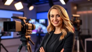 Professional headshot of confident woman in modern television studio setting with soft lighting and contemporary production equipment, representing established entertainment career and media presence