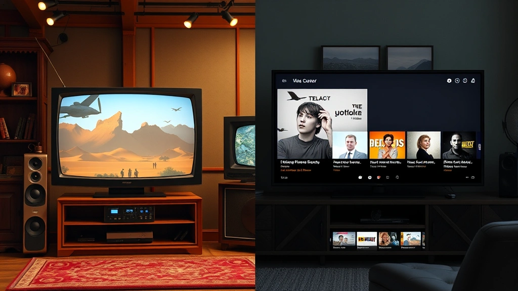 Split-screen composition showing nostalgic 1990s television set aesthetic transitioning to modern streaming content interface, representing career evolution across entertainment eras and distribution platforms