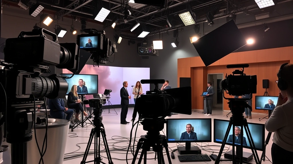 Television production studio with multiple camera rigs and lighting equipment, professional cinematography setup capturing dramatic scene with actors in conversation, studio floor with cables and technical crew monitoring screens