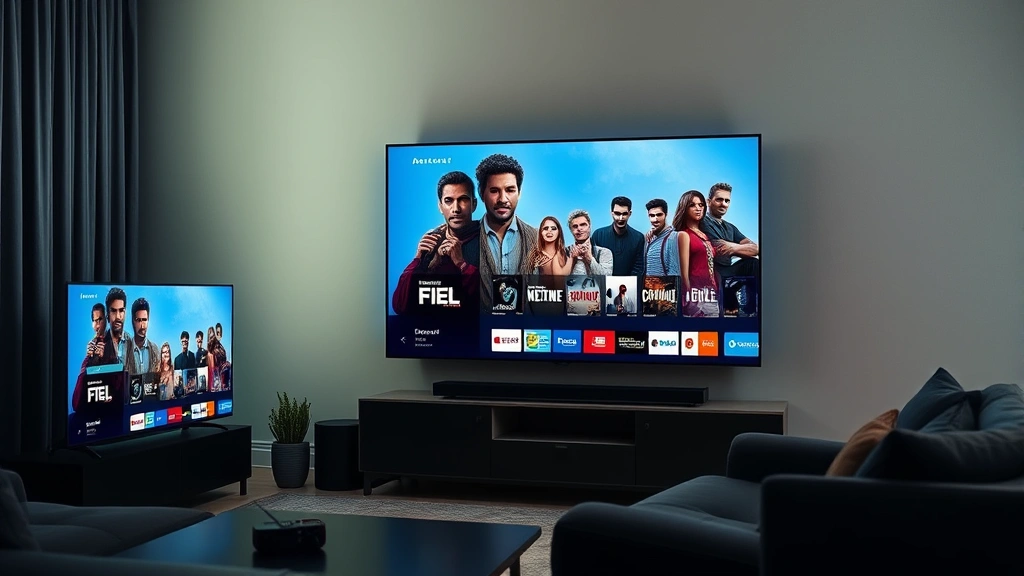 Modern streaming service interface displayed on multiple devices showing diverse cast of actors in promotional images, digital content library with various genre categories, home theater setup with 4K display