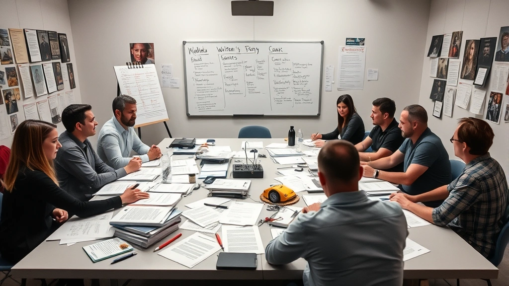 Television writers' room with creative professionals collaborating around large table covered with scripts and character breakdowns, whiteboard with story arcs and narrative structure, production design mood boards and character reference materials