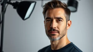 Professional actor headshot in modern studio lighting, confident mature performer, neutral background, cinematic quality photography, professional entertainment industry standard