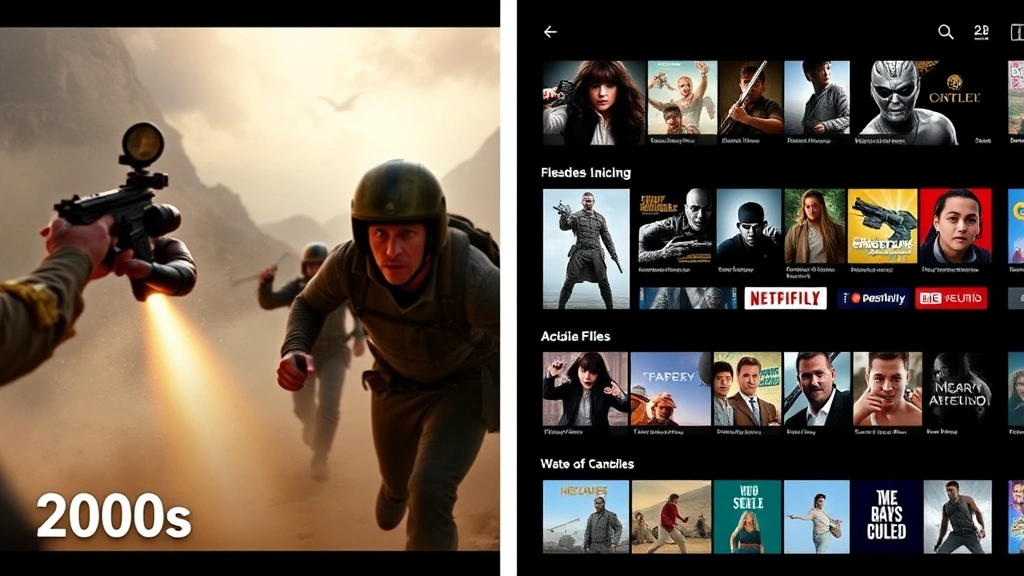 Split screen showing evolution: left side nostalgic early 2000s action-adventure film aesthetic with practical effects, right side contemporary streaming platform interface with diverse content thumbnails