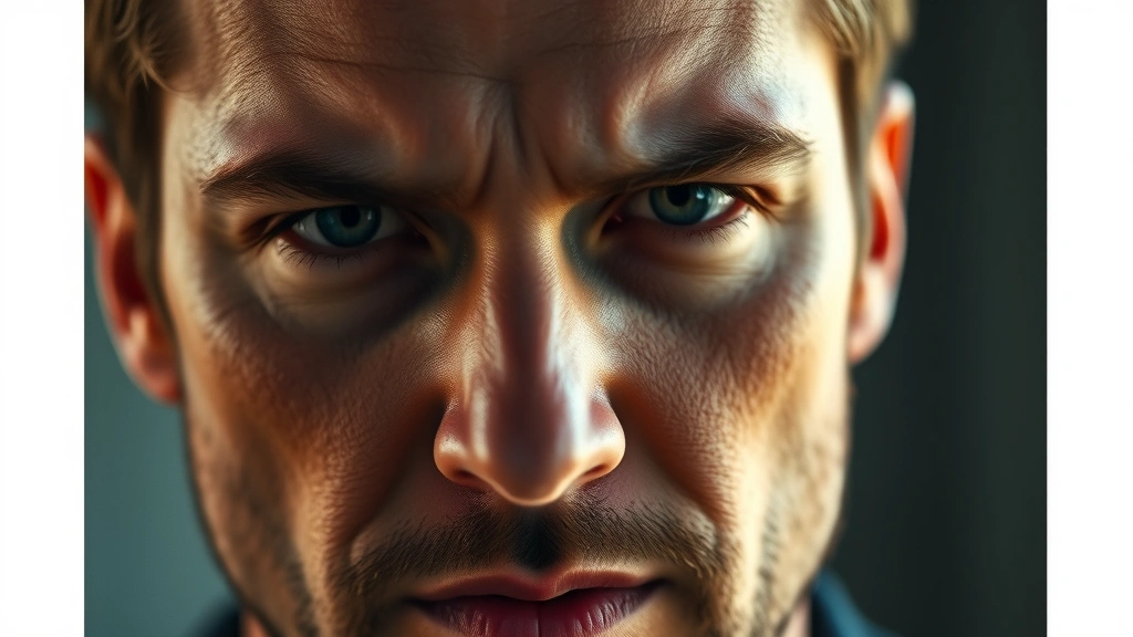 Close-up portrait of intense male actor with striking facial features, dramatic lighting emphasizing psychological depth, professional photography style, cinematic quality, no text or logos