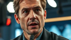 Professional actor in dramatic scene, close-up of intense emotional expression during dialogue, modern television production lighting, contemporary studio environment, photorealistic