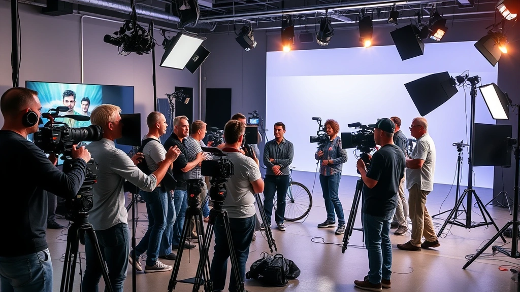Television production set showing diverse creative crew collaborating, camera operators and directors working together, professional equipment and lighting rigs, modern entertainment industry workspace