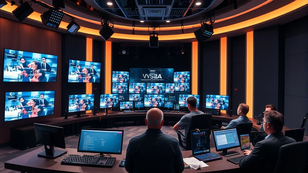 Contemporary television studio control room with multiple monitors displaying different scenes, production team monitoring performance feeds, professional broadcasting environment, digital media technology
