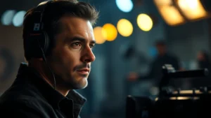 Professional actor in dramatic scene, serious expression, modern film production lighting, depth of field background blur, cinematic composition