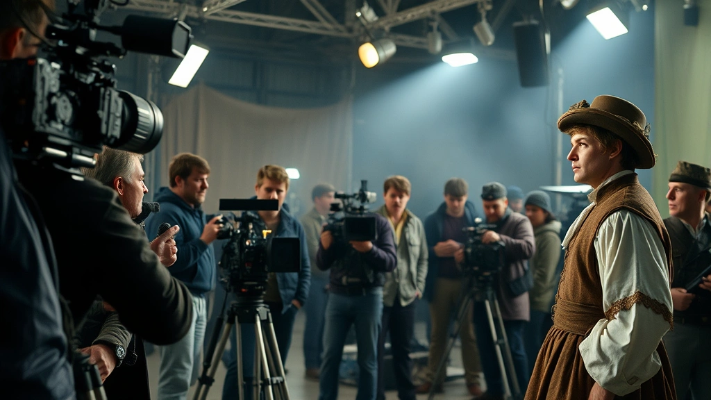 Film set with multiple crew members, camera equipment visible, actor in period costume, production in progress, documentary-style photography