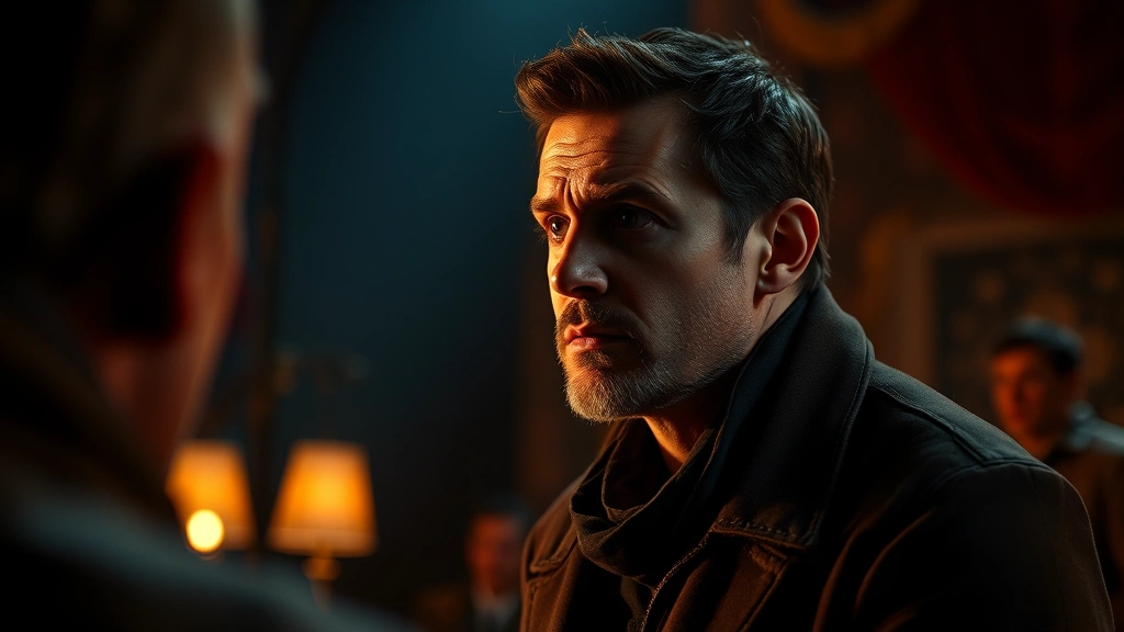 Actor in character moment, emotional intensity, professional cinematography, warm lighting, theatrical staging, dramatic tension captured