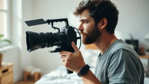 Filmmaker holding vintage handheld camera in natural daylight, minimalist bedroom setting, candid documentary-style moment, authentic creative workspace atmosphere