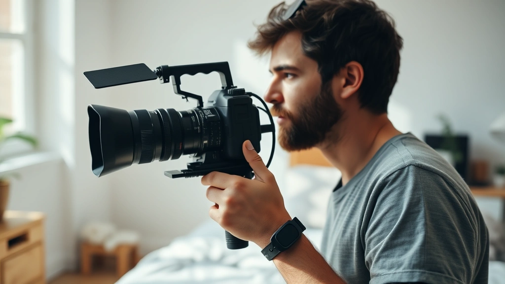 Filmmaker holding vintage handheld camera in natural daylight, minimalist bedroom setting, candid documentary-style moment, authentic creative workspace atmosphere