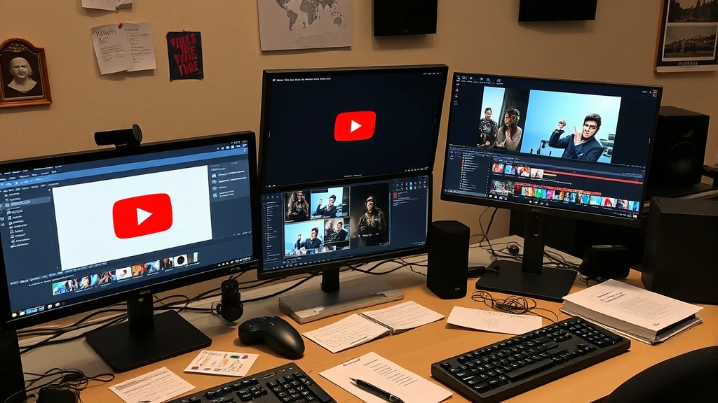 Multiple computer monitors displaying video editing software and YouTube interface, creative workspace with scattered notes and equipment, digital content production environment