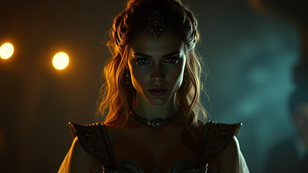 Professional female actor in dimly lit dramatic setting, wearing celestial-inspired costume, intense facial expression conveying internal conflict, ethereal lighting effects creating otherworldly atmosphere, photorealistic cinematic quality