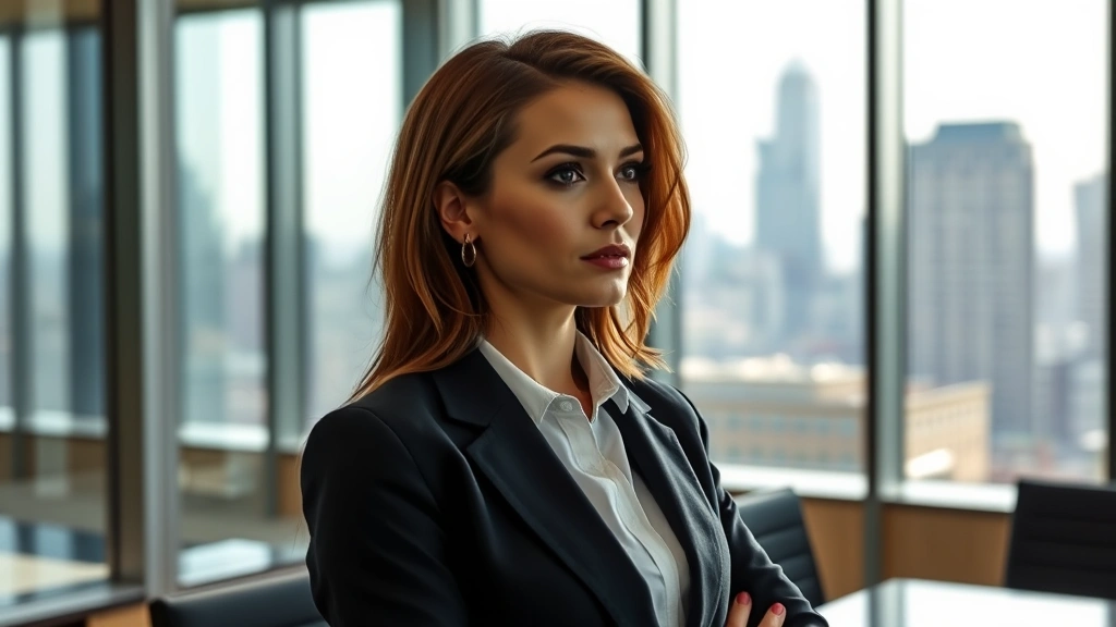 Female professional actor in modern office environment with glass windows and city skyline background, wearing business attire, thoughtful expression suggesting legal drama intensity, natural daylight illuminating sophisticated corporate setting