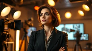 Professional woman in television studio setting with dramatic lighting and production equipment visible, wearing stylish professional attire, contemplative expression, mid-career era aesthetic, warm color palette, cinematic quality photography