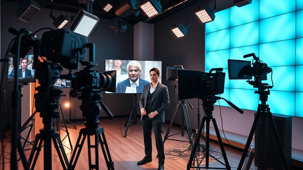 Modern streaming production environment with contemporary digital equipment, professional performer in elegant clothing, modern studio lighting design, contemporary media production aesthetic, sophisticated professional setting, professional photography