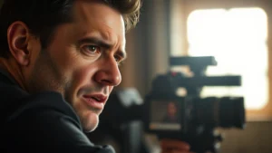 Professional actor in intense dramatic scene with natural lighting, conveying complex emotion through facial expression, contemporary film cinematography