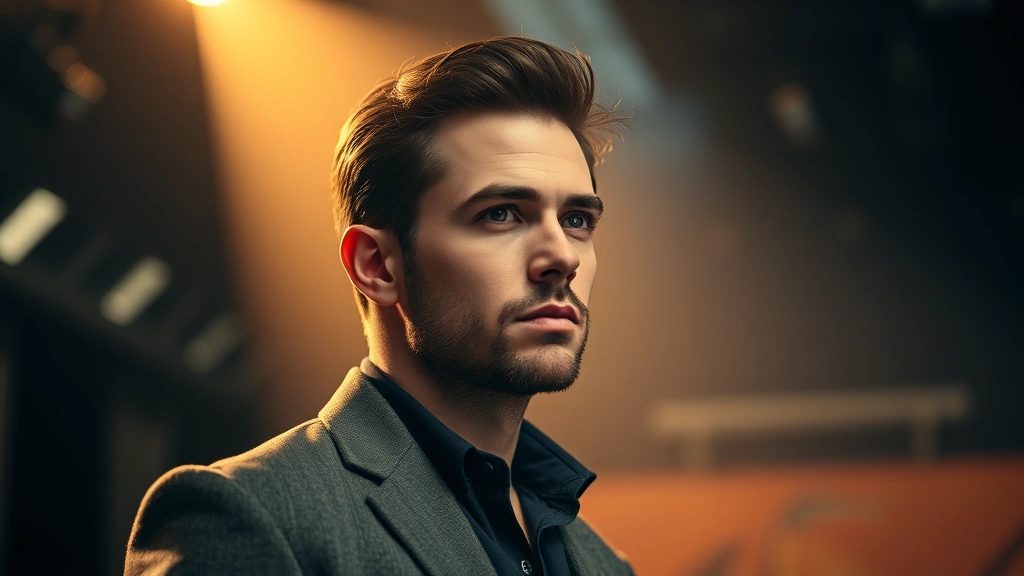 Professional male actor in contemplative pose, studio lighting, sophisticated wardrobe, cinematic depth of field, warm color grading, thoughtful expression, professional headshot quality