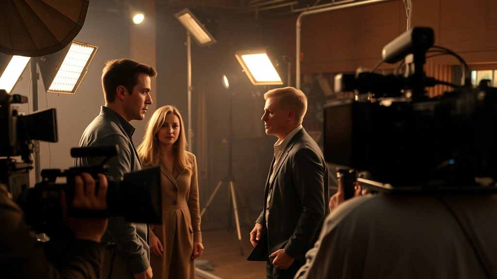 Film production scene with actors in dramatic conversation, intimate lighting setup, behind-the-scenes atmosphere, multiple camera angles visible, professional cinema equipment, dramatic tension captured