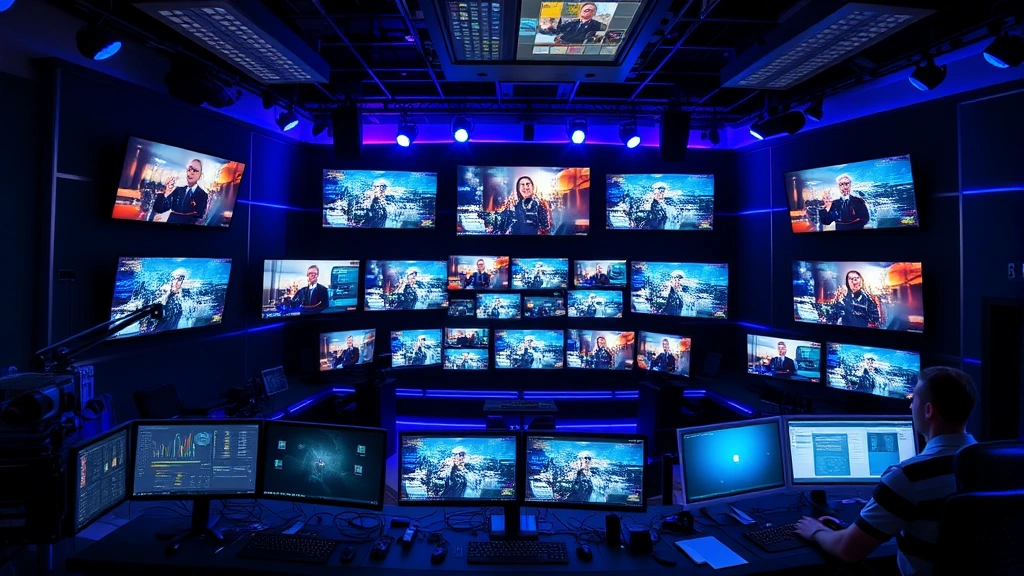 Modern television studio control room with multiple monitors displaying different scenes, professional broadcast equipment, dramatic blue and purple lighting, technicians working, contemporary streaming production environment