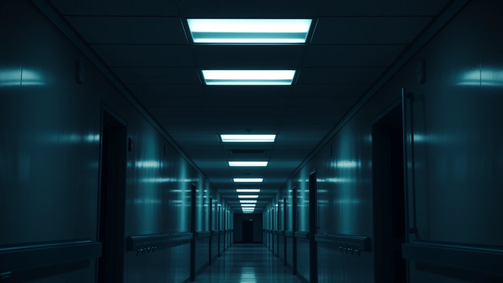 Dimly lit institutional hallway with fluorescent overhead lighting, cool color palette of grays and whites, no people visible, sterile and unsettling atmosphere, photorealistic digital media aesthetic