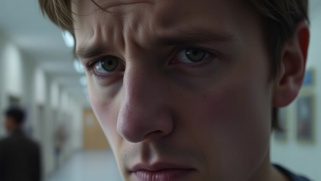 Close-up of a person's face showing subtle emotional distress and psychological tension, neutral institutional background slightly blurred, natural lighting, introspective and haunting expression, contemporary cinema style