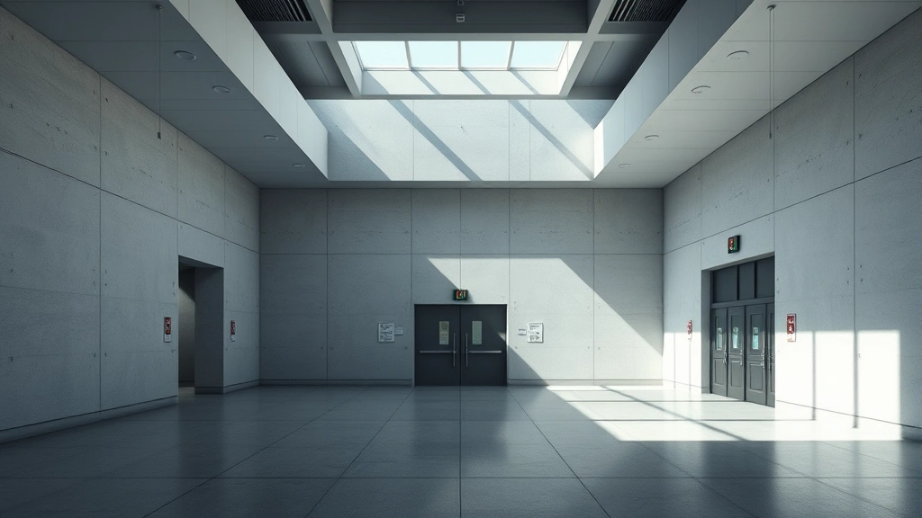 Abstract institutional interior space with geometric architectural elements, harsh shadows and clinical lighting, empty and dehumanizing environment, modern digital photography style, no text or identifiable signs